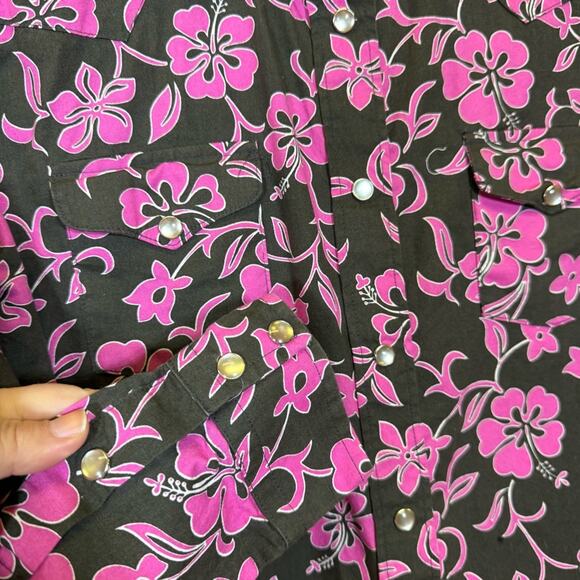 Cowboy Gang, Western Pink and Brown Hawaiian Floral Pearl Snap Shirt. Size XS. - Picture 2 of 6